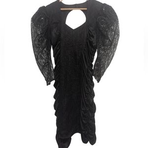Vintage Lace Dress Arm Puff Shoulder Satin Bodycon Size 13/M/L